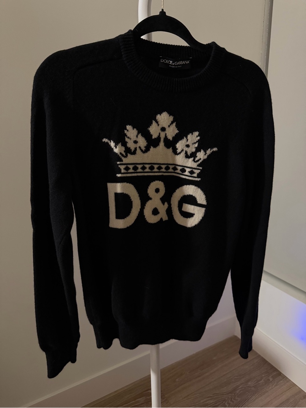 Dolce & Gabbana Black Crewneck Sweater with Cream D&G Crown